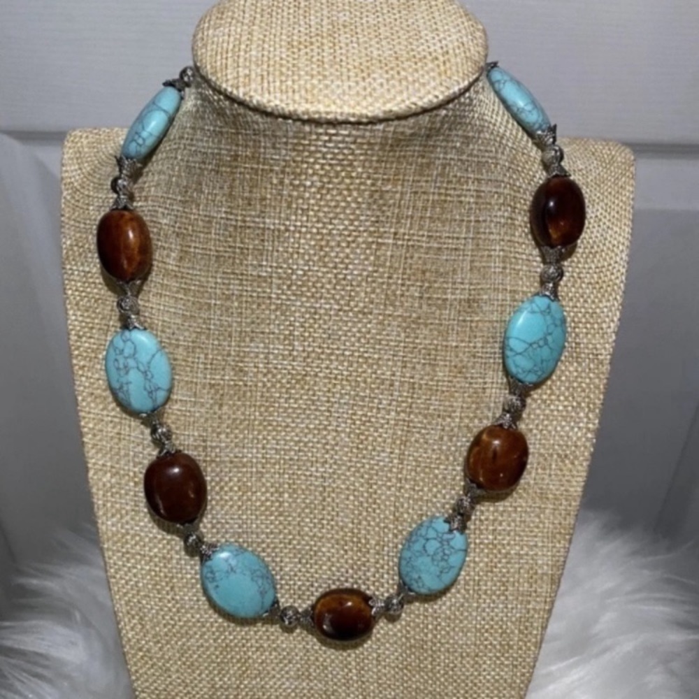 Premier Designs Faux Turquoise & Brown Glass Stone Chunky Beaded Necklace